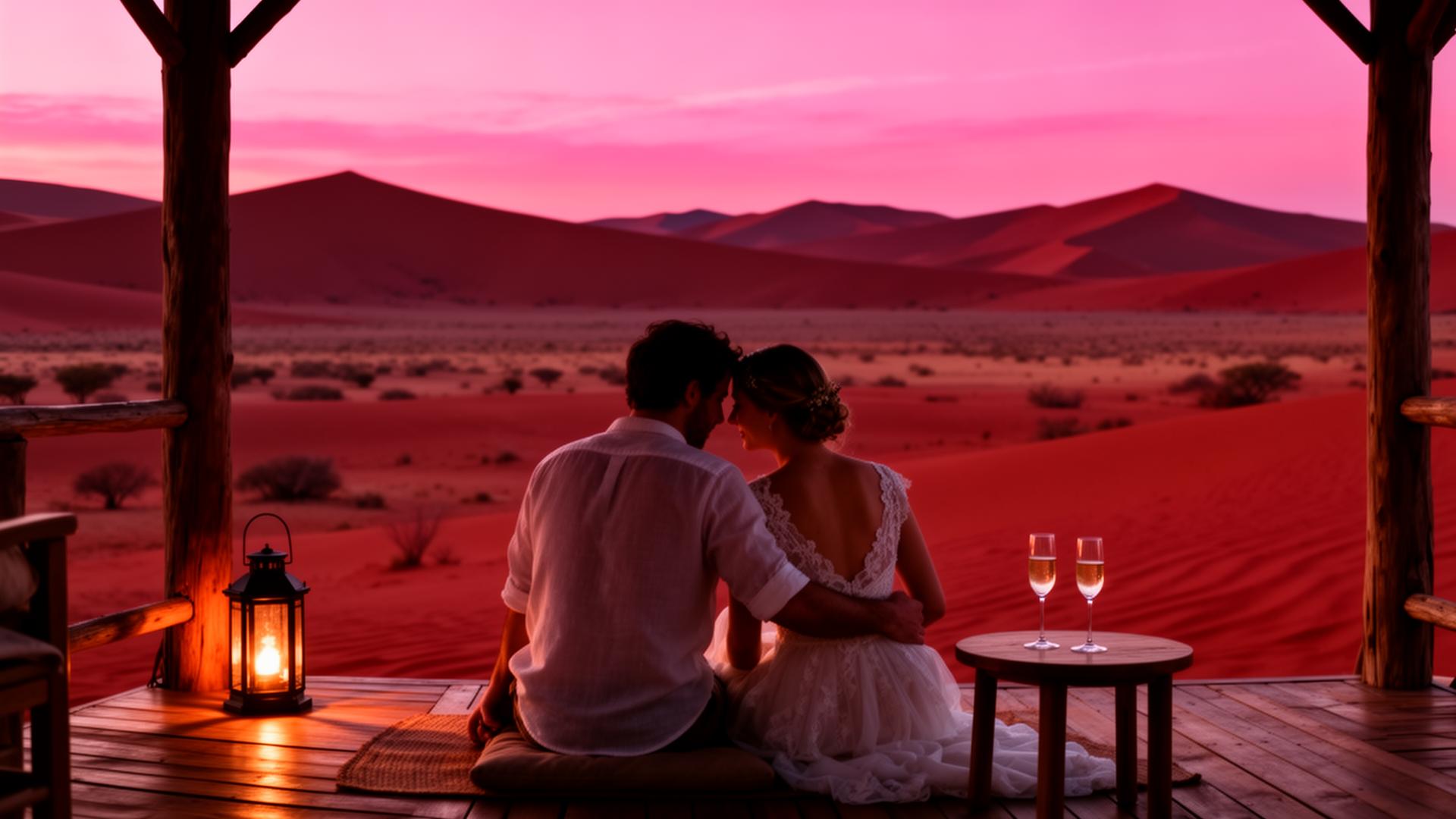 A couple on a private lodge deck overlooking the red Sossusvlei dunes at pink sunset — Namibia honeymoon