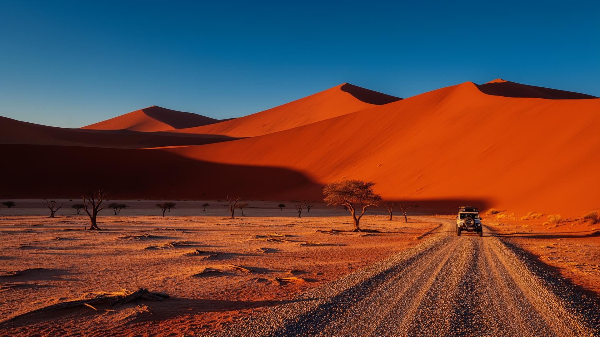 Sossusvlei red dunes at golden hour with a 4x4 on the gravel track — Namibia itinerary review
