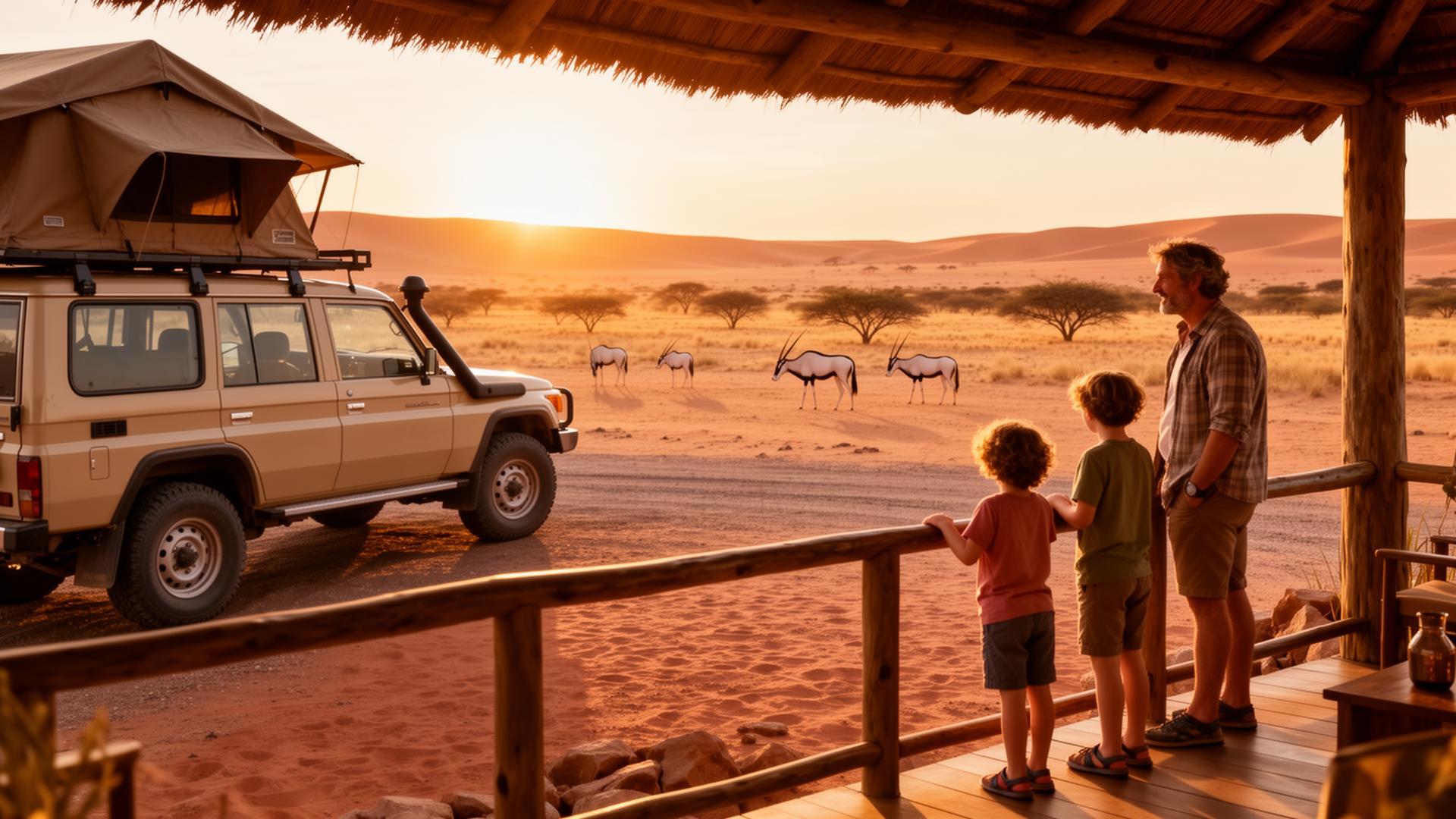 A family on a Namibian lodge deck watching oryx with their 4x4 parked nearby at golden hour