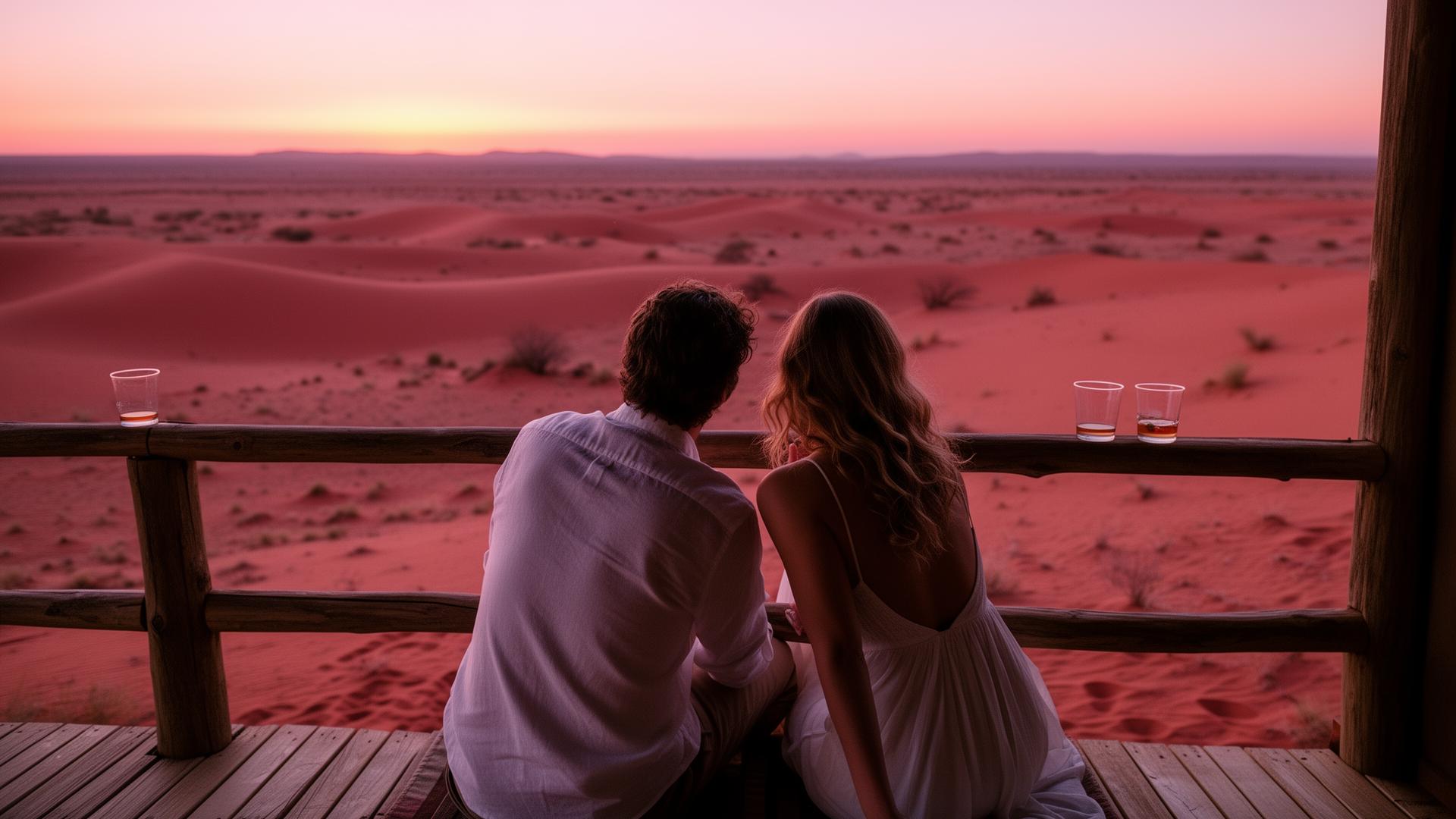 A couple on a wooden deck overlooking the red dunes of Namibia at dusk with two glasses on the rail